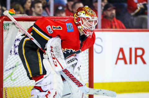 Mar 31, 2017; Calgary, Alberta, CAN; Calgary Flames goalie Brian Elliott (1) guards his net against the San Jose Sharks during the third period at Scotiabank Saddledome. Calgary Flames won 5-2. Mandatory Credit: Sergei Belski-USA TODAY Sports