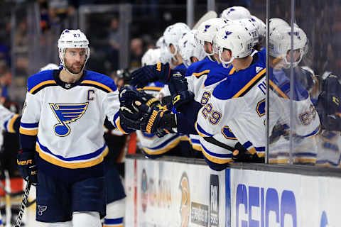 ANAHEIM, CALIFORNIA – MARCH 11: Alex Pietrangelo #27 of the St. Louis Blues is congratulated at the bench after scoring a goal during the first period of a game against the Anaheim Ducks at Honda Center on March 11, 2020 in Anaheim, California. (Photo by Sean M. Haffey/Getty Images)