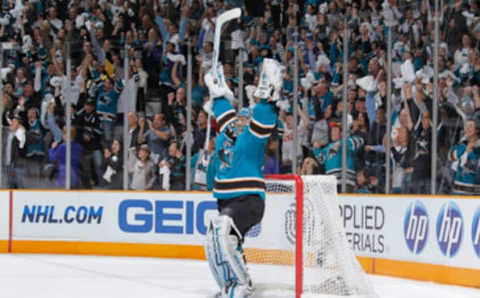 SAN JOSE, CA – MAY 8: Evgeni Nabokov #20 of the San Jose Sharks celebrates the win over the Detroit Red Wings in Game Five of the Western Conference Semifinals during the 2010 NHL Stanley Cup Playoffs on May 8, 2010 at HP Pavilion at San Jose in San Jose, California. (Photo by Don Smith/NHLI via Getty Images)