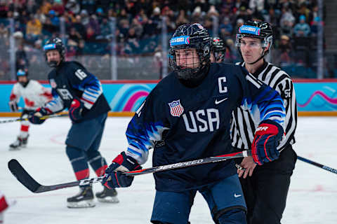 LAUSANNE, SWITZERLAND – JANUARY 21: #15 Jimmy Snuggerud of United States looks on during Men’s 6-Team Tournament Semifinals Game between United States and Canada of the Lausanne 2020 Winter Youth Olympics on January 21, 2020 in Lausanne, Switzerland. (Photo by RvS.Media/Monika Majer/Getty Images)