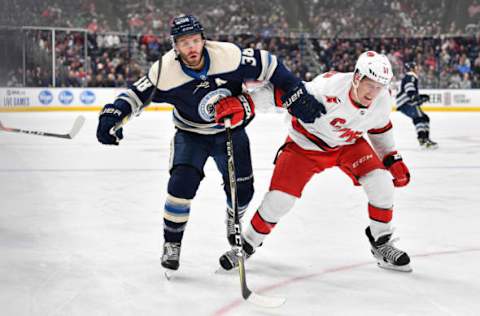 COLUMBUS, OH – OCTOBER 24: Boone Jenner #38 of the Columbus Blue Jackets skates against the Carolina Hurricanes on October 24, 2019 at Nationwide Arena in Columbus, Ohio. (Photo by Jamie Sabau/NHLI via Getty Images)