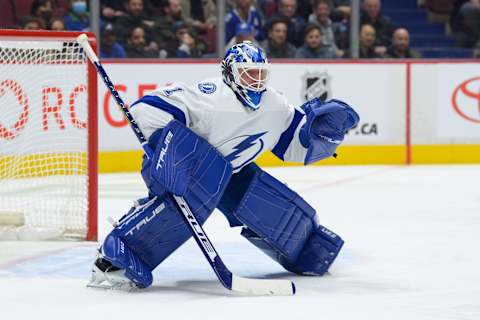 VANCOUVER, CANADA – JANUARY 18: Brian Elliott #1 of the Tampa Bay Lightning  (Photo by Derek Cain/Getty Images)