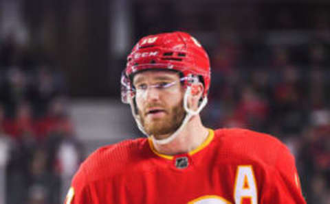 CALGARY, CANADA – APRIL 2: Jonathan Huberdeau #10 of the Calgary Flames in action against the Anaheim Ducks during an NHL game at Scotiabank Saddledome on April 2, 2023 in Calgary, Alberta, Canada. The Flames defeated the Ducks 5-4. (Photo by Derek Leung/Getty Images)