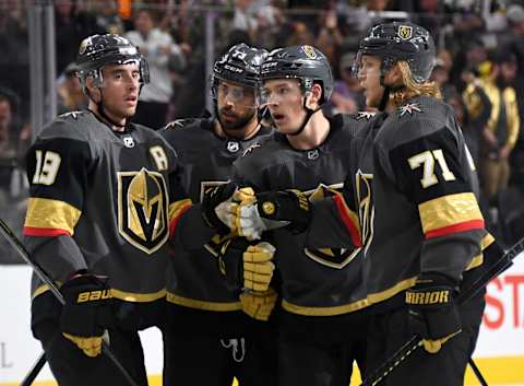 LAS VEGAS, NEVADA – SEPTEMBER 29: Reilly Smith #19, Brandon Pirri #73, Jimmy Schuldt #4 and William Karlsson #71 of the Vegas Golden Knights celebrate after Schuldt scored a second-period power-play goal against the San Jose Sharks during their preseason game at T-Mobile Arena on September 29, 2019 in Las Vegas, Nevada. The Golden Knights defeated the Sharks 5-1. (Photo by Ethan Miller/Getty Images)