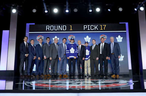 CHICAGO, IL – JUNE 23: Timothy Liljegren poses for photos after being selected 17th overall by the Toronto Maple Leafs during the 2017 NHL Draft at the United Center on June 23, 2017 in Chicago, Illinois. (Photo by Bruce Bennett/Getty Images)