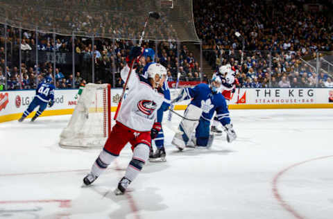 TORONTO, ON – NOVEMBER 19: Cam Atkinson #13 of the Columbus Blue Jackets celebrates his goal during the first period against the Toronto Maple Leafs at the Scotiabank Arena on November 19, 2018 in Toronto, Ontario, Canada. (Photo by Kevin Sousa/NHLI via Getty Images)