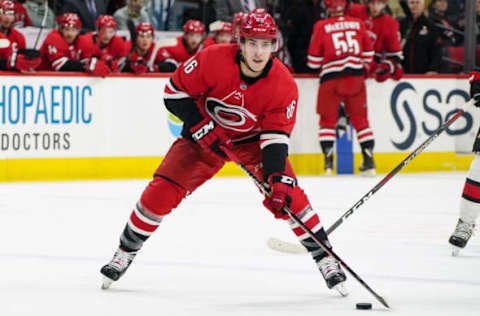 RALEIGH, NC – MARCH 26: Carolina Hurricanes Winger Teuvo Teravainen (86) skates wit the puck during a game between the Ottawa Senators and the Carolina Hurricanes at the PNC Arena in Raleigh, NC on March 24, 2018. Carolina defeated Ottawa 4-1. (Photo by Greg Thompson/Icon Sportswire via Getty Images)