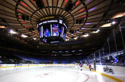 NEW YORK, NEW YORK – FEBRUARY 12: The New York Rangers take the ice for warm-ups before the game against the Boston Bruins at Madison Square Garden on February 12, 2021, in New York City. Due to COVID-19 restrictions, games are played without fans in attendance. (Photo by Elsa/Getty Images)