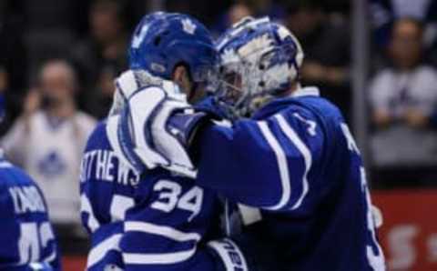 NHL Power Rankings: Toronto Maple Leafs forward Auston Matthews (34) celebrates with goaltender Frederik Andersen (31) after defeating the Islanders. Mandatory Credit: John E. Sokolowski-USA TODAY Sports