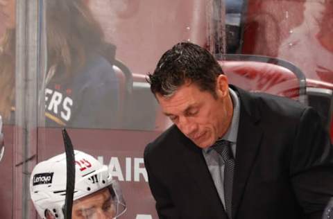 SUNRISE, FL – NOVEMBER 6: Head coach Rod Brind’Amour goes over a play with Sebastian Aho #20 of the Carolina Hurricanes during third period action against the Florida Panthers at the FLA Live Arena on November 6, 2021, in Sunrise, Florida. (Photo by Joel Auerbach/Getty Images)