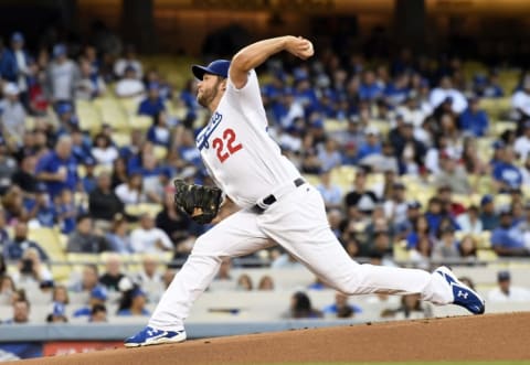 May 17, 2016; Los Angeles, CA, USA; Los Angeles Dodgers starting pitcher Clayton Kershaw (22) throws against the Los Angeles Angels during the first inning at Dodger Stadium. Mandatory Credit: Richard Mackson-USA TODAY Sports