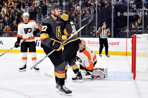 LAS VEGAS, NEVADA – JANUARY 02: Shea Theodore #27 of the Vegas Golden Knights celebrates after scoring a goal during the first period against the Philadelphia Flyers at T-Mobile Arena on January 02, 2020 in Las Vegas, Nevada. (Photo by Jeff Bottari/NHLI via Getty Images)