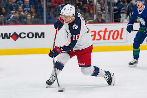 Dec 14, 2021; Vancouver, British Columbia, CAN; Columbus Blue Jackets forward Max Domi (16) shoots against the Vancouver Canucks in the second period at Rogers Arena. Mandatory Credit: Bob Frid-USA TODAY Sports