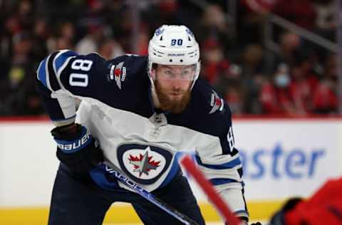 WASHINGTON, DC – JANUARY 18: Pierre-Luc Dubois #80 of the Winnipeg Jets follows the puck in the first period against the Washington Capitals at Capital One Arena on January 18, 2022 in Washington, DC. (Photo by Rob Carr/Getty Images)