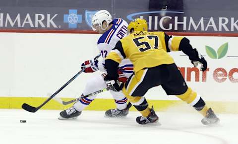 New York Rangers center Filip Chytil (72) moves the puck . Credit: Charles LeClaire-USA TODAY Sports