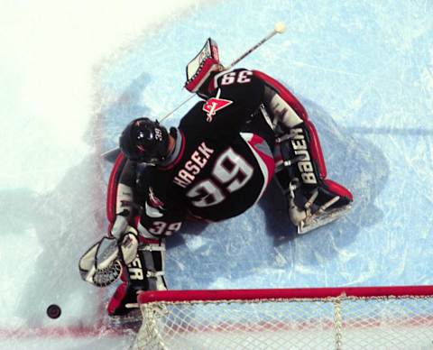 2000 Season: Buffalo goaltender Dominik Hasek makes save. (Photo by Jim Leary/Getty Images)