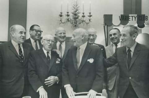 CANADA – OCTOBER 31: Remember the good old days; defeats have faded but the victories still are bright for these hockey legends. The Variety Club of Ontario honored Conn Symthe yesterday. And on hand were some of his 1932 Maple Leafs to add to the homage. Left to right are King Clancy; Red Honer; Frank Selke (team executive of that era); Hap Day; Conn Smythe; Ace Bailey; Joe Primeau; Alex Levinsky. (Photo by Dick Darrell/Toronto Star via Getty Images)