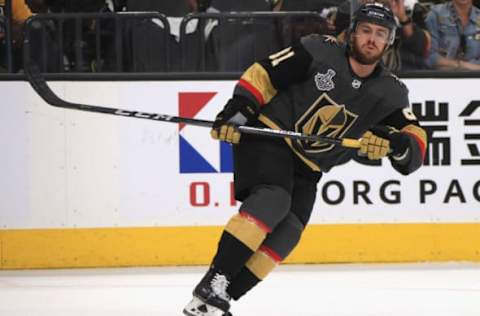 LAS VEGAS, NV: Jonathan Marchessault #81 of the Vegas Golden Knights skates with the puck during Game Five of the 2018 NHL Stanley Cup Finals at T-Mobile Arena on June 7, 2018. (Photo by Dave Sandford/NHLI via Getty Images)