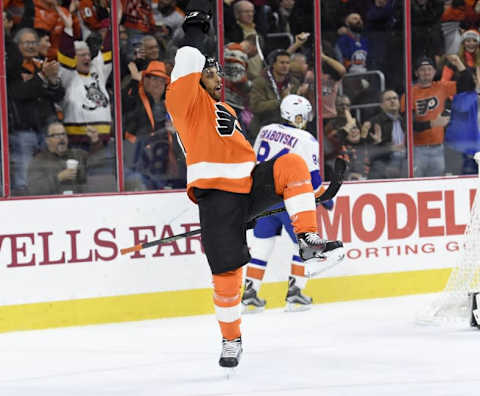 Dec 8, 2015; Philadelphia, PA, USA; Philadelphia Flyers right wing Pierre-Edouard Bellemare (78) celebrates his goal against the New York Islanders during the first period at Wells Fargo Center. Mandatory Credit: Eric Hartline-USA TODAY Sports