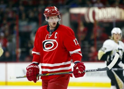 Feb 12, 2016; Raleigh, NC, USA; Carolina Hurricanes forward Eric Staal (12) reacts against the Pittsburgh Penguins at PNC Arena. The Pittsburgh Penguins defeated the Carolina Hurricanes 2-1 in the shoot out. Mandatory Credit: James Guillory-USA TODAY Sports