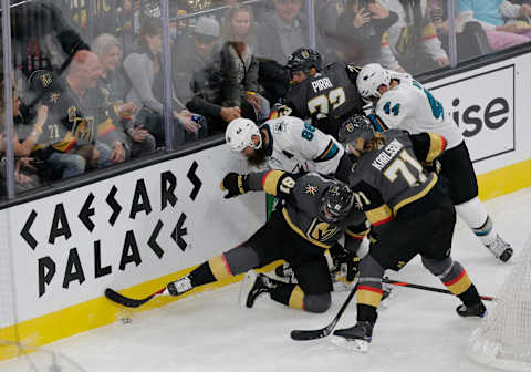 LAS VEGAS, NV – OCTOBER 02: Vegas Golden Knights center Jonathan Marchessault (81) fights for control of the puck during a regular season game Wednesday, Oct. 2, 2019, at T-Mobile Arena in Las Vegas, Nevada. (Photo by: Marc Sanchez/Icon Sportswire via Getty Images)