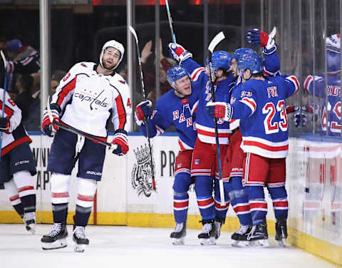 Mika Zibanejad #93 of the New York Rangers celebrates his hattrick goal at 12 seconds of the third period against the Washington Capitals(Photo by Bruce Bennett/Getty Images)