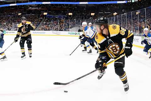 BOSTON, MA – OCTOBER 26: Boston Bruins right wing David Pastrnak (88) holds the puck during a game between the Boston Bruins and the St. Louis Blues on October 26, 2019, at TD Garden in Boston, Massachusetts. (Photo by Fred Kfoury III/Icon Sportswire via Getty Images)