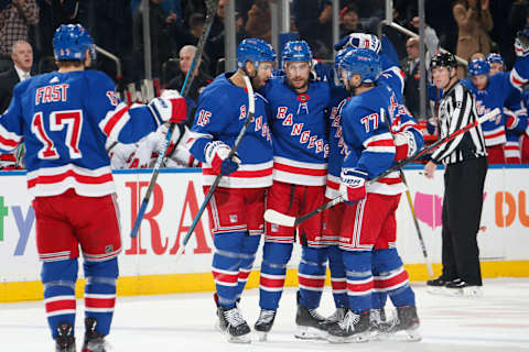 NEW YORK, NY – NOVEMBER 27: Brendan Smith #42 of the New York Rangers celebrates with teammates after scoring a goal in the first period against the Carolina Hurricanes at Madison Square Garden on November 27, 2019 in New York City. (Photo by Jared Silber/NHLI via Getty Images)