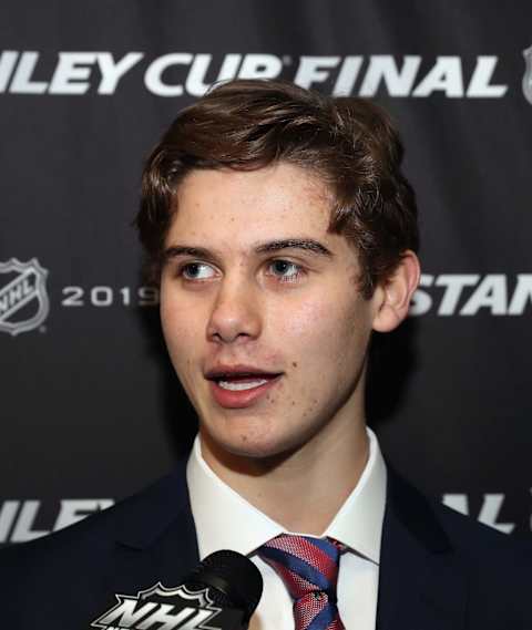 ST LOUIS, MISSOURI – JUNE 03: National Hockey League prospect Jack Hughes speaks with the media at Enterprise Center on June 03, 2019 in St Louis, Missouri. (Photo by Bruce Bennett/Getty Images)