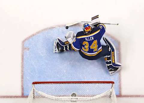 May 23, 2016; St. Louis, MO, USA; St. Louis Blues goalie Jake Allen (34) makes a save in net against the San Jose Sharks in the second period in game five of the Western Conference Final of the 2016 Stanley Cup Playoffs at Scottrade Center. The Sharks won 6-3. Mandatory Credit: Aaron Doster-USA TODAY Sports