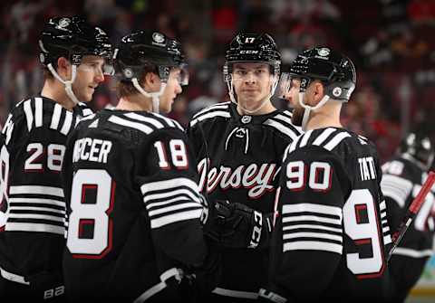 Dawson Mercer, Yegor Sharangovich and Tomas Tatar of the New Jersey Devils. (Photo by Elsa/Getty Images)