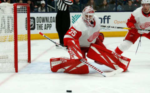 COLUMBUS, OH – FEBRUARY 7: Jimmy Howard #35 of the Detroit Red Wings follows the puck during the game against the Columbus Blue Jackets on February 7, 2020 at Nationwide Arena in Columbus, Ohio. (Photo by Kirk Irwin/Getty Images)