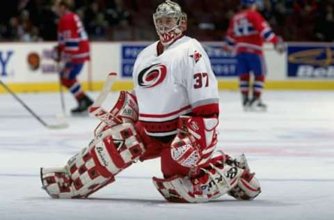 30 Jan 1999: Trevor Kidd #37 of the Carolina Hurricanes practices his blocking before the game against the Montreal Canadiens at Molson Centre in Montreal, Canada. The Hurricanes defeated the Canadiens 3-1. Mandatory Credit: Robert Laberge /Allsport