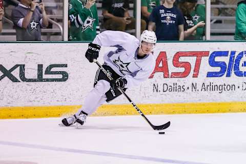 FRISCO, TX – JULY 08: Dallas Stars first round draftee defenseman Miro Heiskanen goes through drills during the Dallas Stars Development Camp on July 08, 2017 at the Dr Pepper StarCenter in Frisco, TX. (Photo by Matthew Pearce/Icon Sportswire via Getty Images)