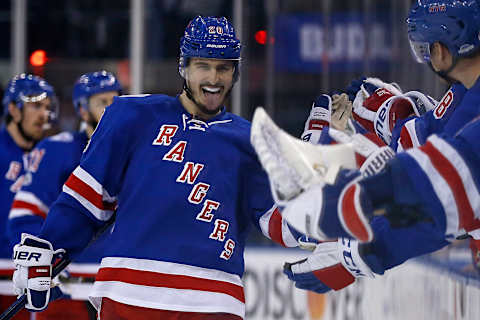 May 4, 2017; New York, NY, USA; New York Rangers left wing Chris Kreider (20) celebrates scoring a goal against the Ottawa Senators during the third period in game four of the second round of the 2017 Stanley Cup Playoffs at Madison Square Garden. Mandatory Credit: Adam Hunger-USA TODAY Sports