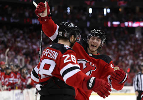 Damon Severson #28 of the New Jersey Devils. (Photo by Elsa/Getty Images)