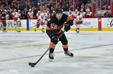 Feb 16, 2019; Philadelphia, PA, USA; Philadelphia Flyers center Nolan Patrick (19) Mandatory Credit: John Geliebter-USA TODAY Sports