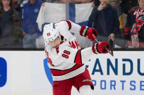 BOSTON, MA – MAY 12: Martin Necas #88 of the Carolina Hurricanes warms up before a game against the Boston Bruins in Game Six of the First Round of the 2022 Stanley Cup Playoffs at the TD Garden on May 12, 2022, in Boston, Massachusetts. (Photo by Rich Gagnon/Getty Images)