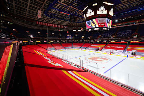 Feb 17, 2021; Calgary, Alberta, CAN; General view of the ice surface prior to the game between the Calgary Flames and the Vancouver Canucks at Scotiabank Saddledome. Mandatory Credit: Sergei Belski-USA TODAY Sports