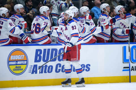 VANCOUVER, CANADA – OCTOBER 28: Mika Zibanejad #93 of the New York Rangers is congratulated at the players’ bench after scoring a goal against the Vancouver Canucks during the third period of their NHL game at Rogers Arena on October 28, 2023, in Vancouver, British Columbia, Canada. (Photo by Derek Cain/Getty Images)