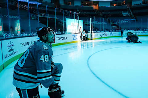 Apr 24, 2021; San Jose, California, USA; San Jose Sharks center Tomas Hertl (48) watches the big screen displaying the career of San Jose Sharks center Patrick Marleau (12), who is in the background with his family at SAP Center before the game against the Minnesota Wild at San Jose. Mandatory Credit: Stan Szeto-USA TODAY Sports