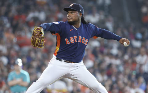 Jul 8, 2023; Houston, Texas, USA; Houston Astros starting pitcher Framber Valdez (59) delivers a pitch during the first inning against the Seattle Mariners at Minute Maid Park. Mandatory Credit: Troy Taormina-USA TODAY Sports