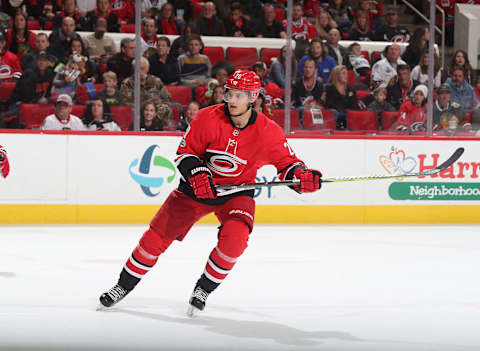 RALEIGH, NC – NOVEMBER 11: Sebastian Aho #20 of the Carolina Hurricanes skates for position on the ice during an NHL game against the Chicago Blackhawks on November 11, 2017 at PNC Arena in Raleigh, North Carolina. (Photo by Gregg Forwerck/NHLI via Getty Images)