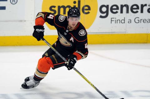 ANAHEIM, CA – MARCH 02: Anaheim Ducks defenseman Cam Fowler with the puck in the third period of a game against the Columbus Blue Jackets played on March 2, 2018. (Photo by John Cordes/Icon Sportswire via Getty Images)