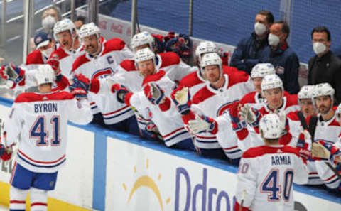 TORONTO, ON – MAY 20: The Montreal Canadiens bench celebrates a short handed goal by Paul Byron #41 against the Toronto Maple Leafs in game one of the first round of the 2021 Stanley Cup Playoffs at Scotiabank Arena on May 20, 2021 in Toronto, Ontario, Canada. The Canadiens defeated the Maple Leafs 2-1 to take a 1-0 series lead. (Photo by Claus Andersen/Getty Images)