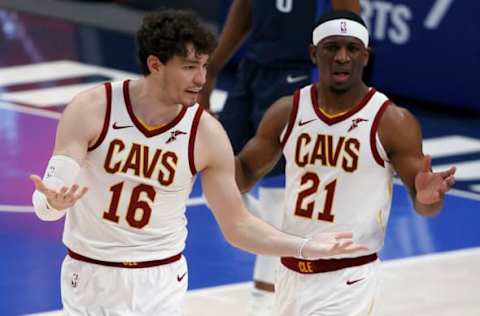 DALLAS, TEXAS – MAY 07: Cedi Osman #16 of the Cleveland Cavaliers and Damyean Dotson #21 of the Cleveland Cavaliers reacts to a call while taking on the Dallas Mavericks in the first quarter at American Airlines Center on May 07, 2021 in Dallas, Texas. NOTE TO USER: User expressly acknowledges and agrees that, by downloading and or using this photograph, User is consenting to the terms and conditions of the Getty Images License Agreement. (Photo by Tom Pennington/Getty Images)