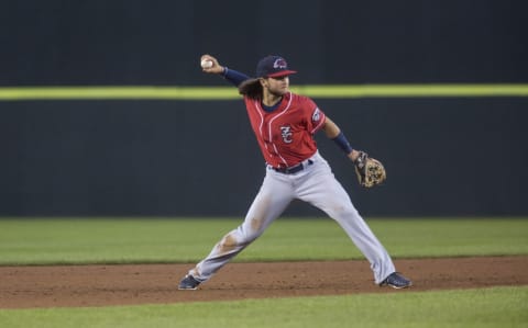 PORTLAND, ME – JULY 13: New Hampshire Fisher Cats shortstop Bo Bichette (5) throws to first for an out during the game against the Sea Dogs at Hadlock Field. (Staff photo by Brianna Soukup/Portland Press Herald via Getty Images)