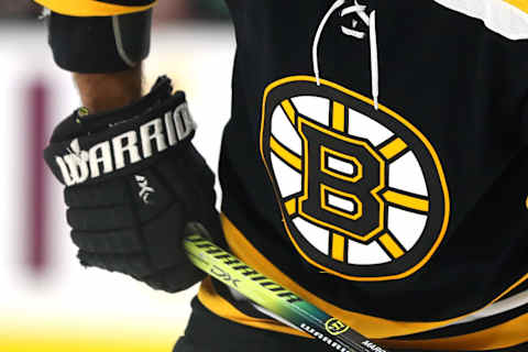 BOSTON, MASSACHUSETTS – SEPTEMBER 23: A detail of the Bruins logo on the sweater of Brad Marchand #63 of the Boston Bruins during the first period of the preseason game between the Philadelphia Flyers and the Boston Bruins at TD Garden on September 23, 2019 in Boston, Massachusetts. (Photo by Maddie Meyer/Getty Images)