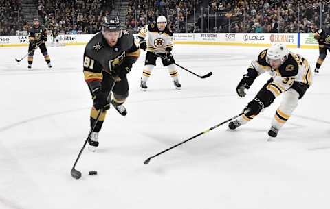 LAS VEGAS, NV – FEBRUARY 20: Jonathan Marchessault #81 of the Vegas Golden Knights skates during the third period against the Boston Bruins at T-Mobile Arena on February 20, 2019 in Las Vegas, Nevada. (Photo by David Becker/NHLI via Getty Images)