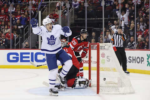 Nov 23, 2022; Newark, New Jersey, USA; Toronto Maple Leafs right wing Pontus Holmberg (29)    Credit: Ed Mulholland-USA TODAY Sports